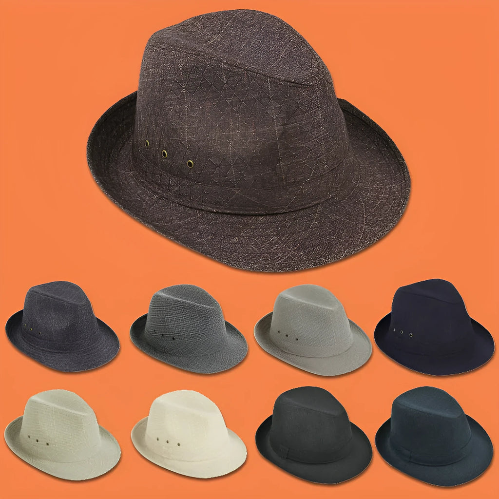 Thickened suit material fedora hat for men shown in beige, with classic pinched crown and brim.