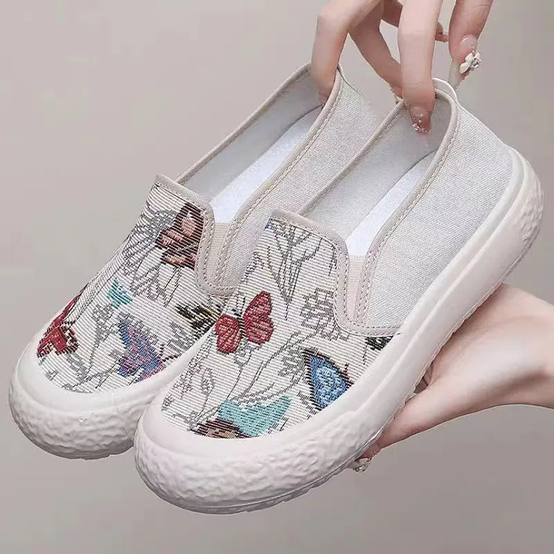 Old Beijing slip-on soft bottom canvas shoes for women – round toe cloth shoes in white with injection moulded sole
