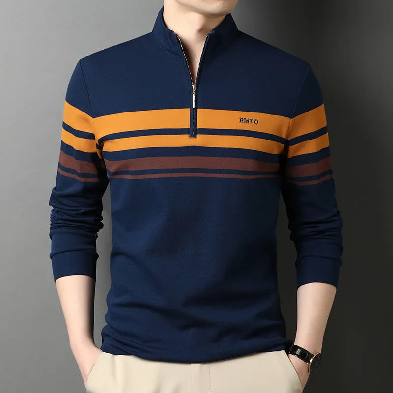 Men's cotton stand collar long sleeve T-shirt in green, front view, size 48 to 56
