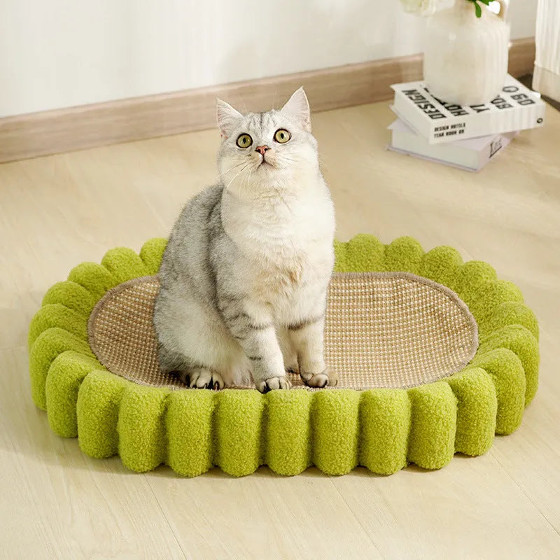 Green oval cat scratch pad bowl made of sisal, serving as a cat scratcher and bed lounge