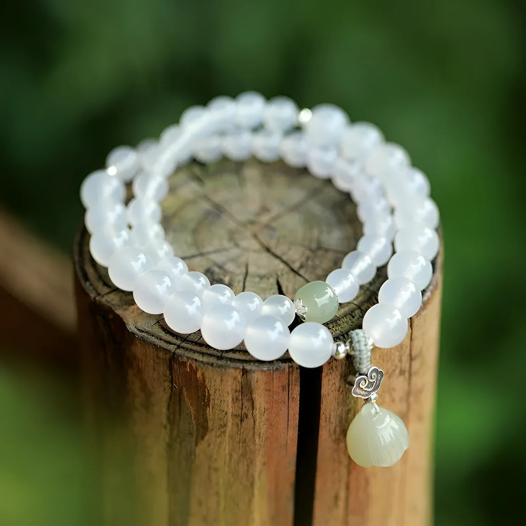 Women's S925 silver white agate Hetian jade bracelet national style geometric lotus design