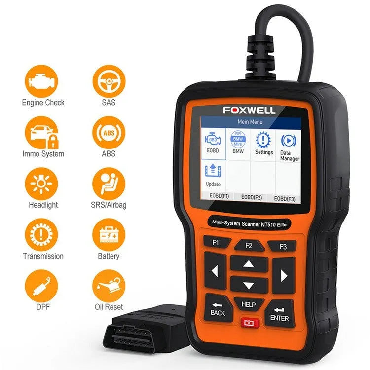 Foxwell NT510 orange and black automotive diagnostic tool with OBD2 scanner and TFT colour screen display