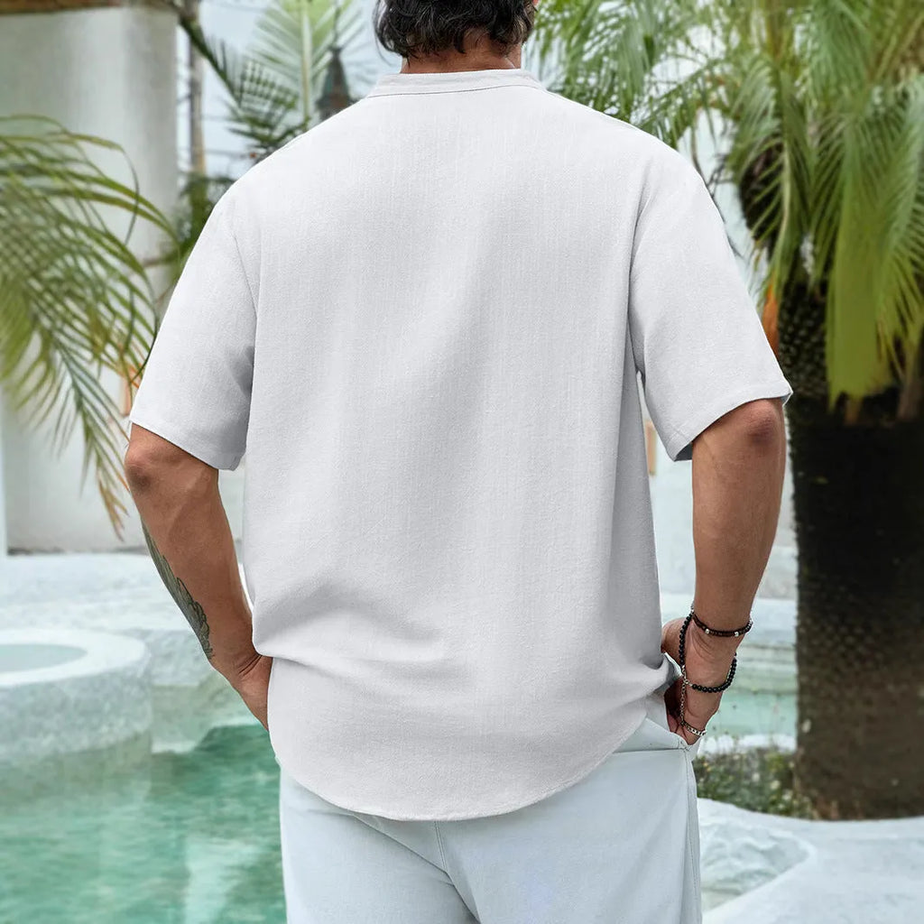 Men's short sleeve V-neck casual shirt in solid colour, cotton linen blend, multi-button front