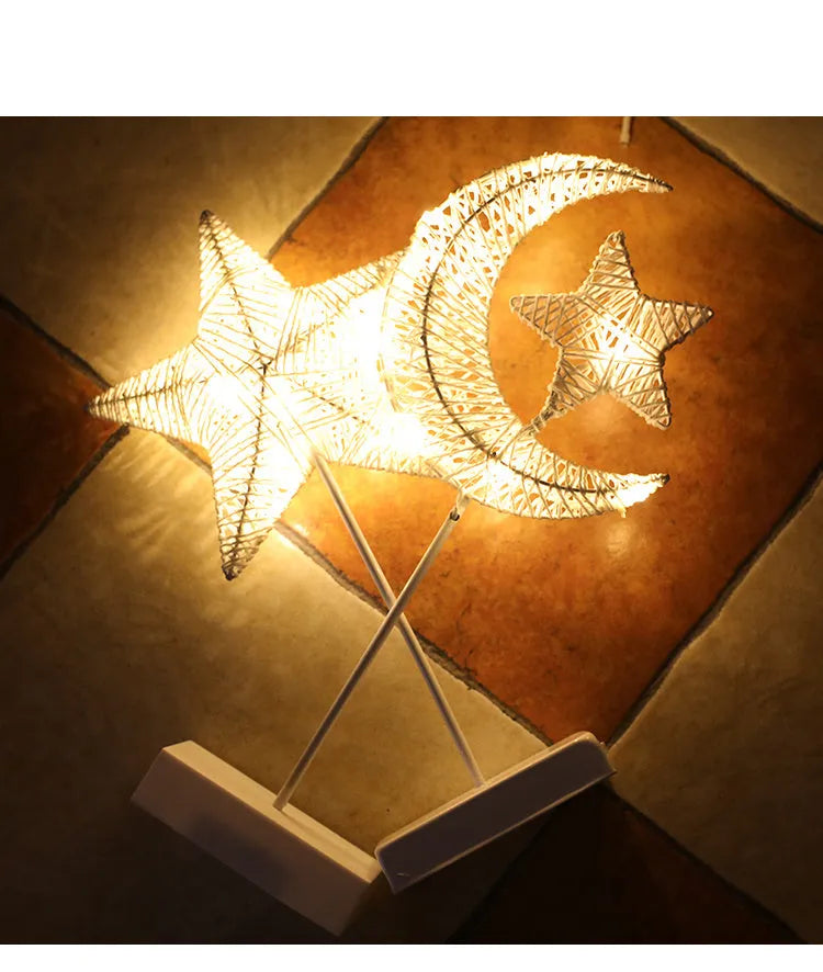 Rattan LED decorative light set showing star, heart and moon designs with copper wire details