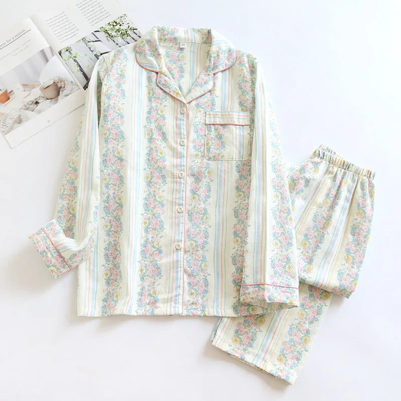 Japanese sweet ladies' cotton gauze two-piece homewear set with long sleeves and trousers in a striped pattern.