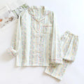 Japanese sweet ladies' cotton gauze two-piece homewear set with long sleeves and trousers in a striped pattern.