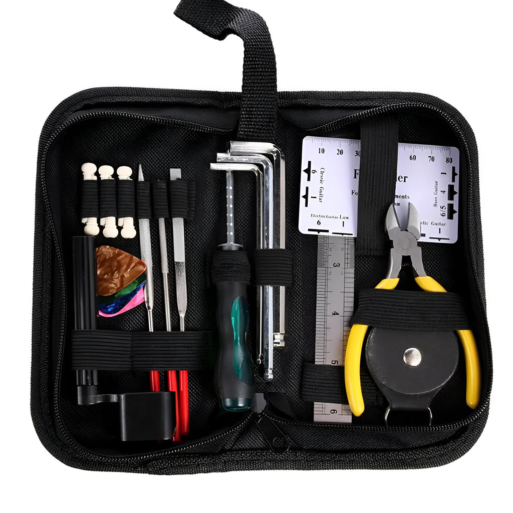 Black guitar repair tool kit for guitars, basses, mandolins and banjos in compact case