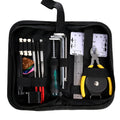 Black guitar repair tool kit for guitars, basses, mandolins and banjos in compact case