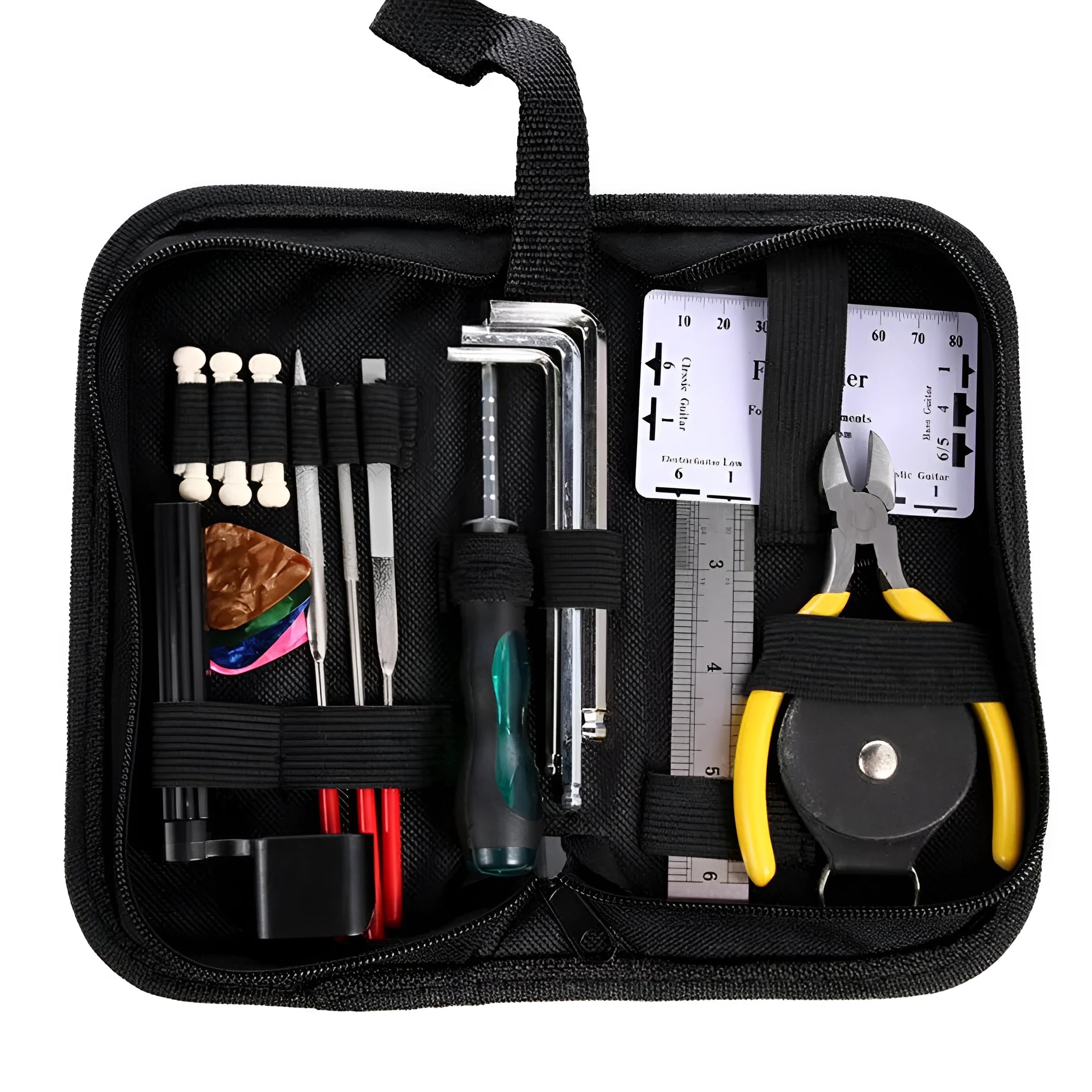 Black guitar repair tool kit for guitars, basses, mandolins and banjos in compact case