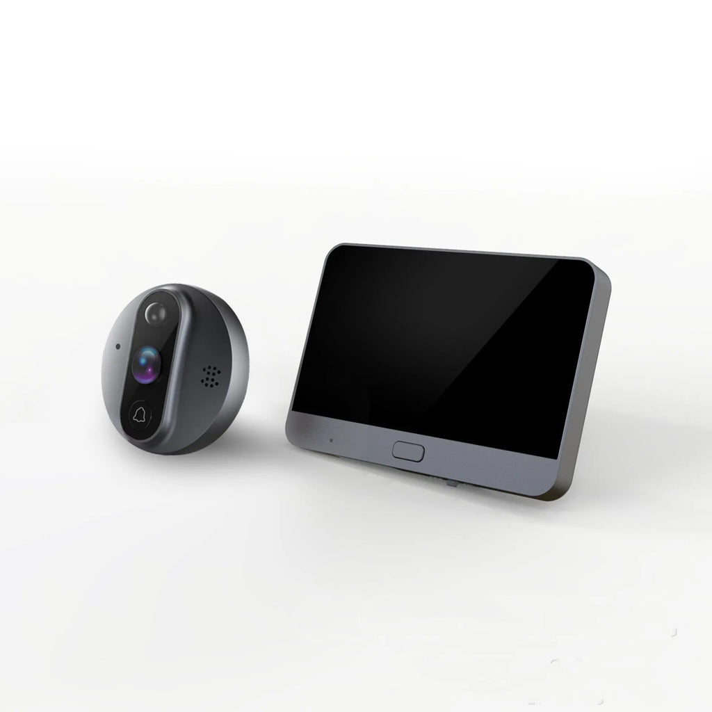 5-inch WiFi smart electronic peephole with black housing, LCD screen, and doorbell button for home security