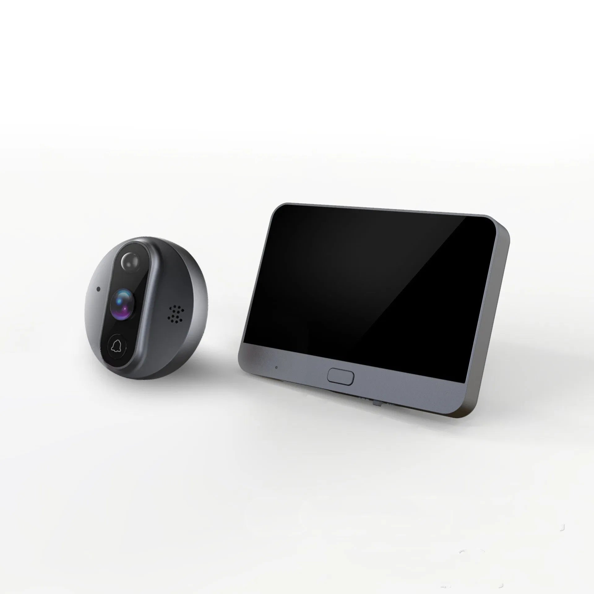 5-inch WiFi smart electronic peephole with black housing, LCD screen, and doorbell button for home security