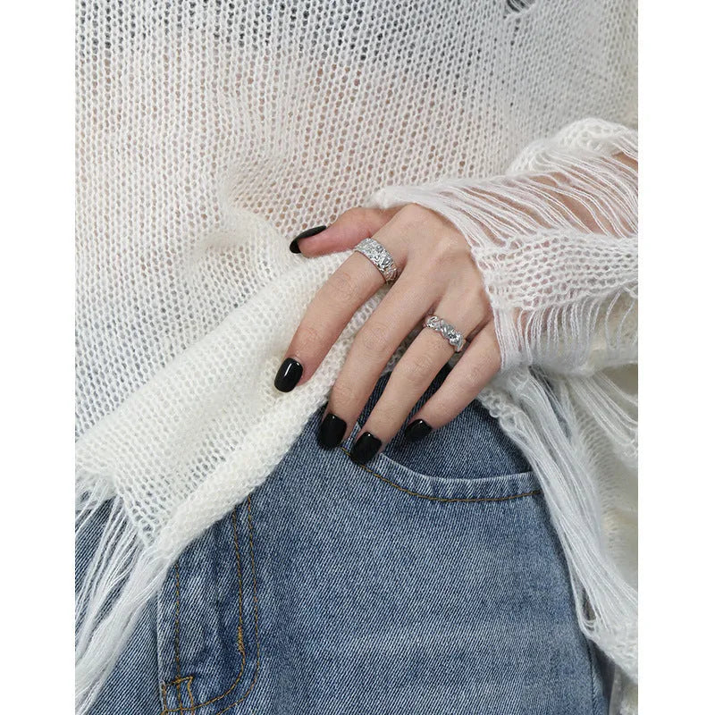Hammered texture S925 sterling silver adjustable open ring with white gold colour finish for women