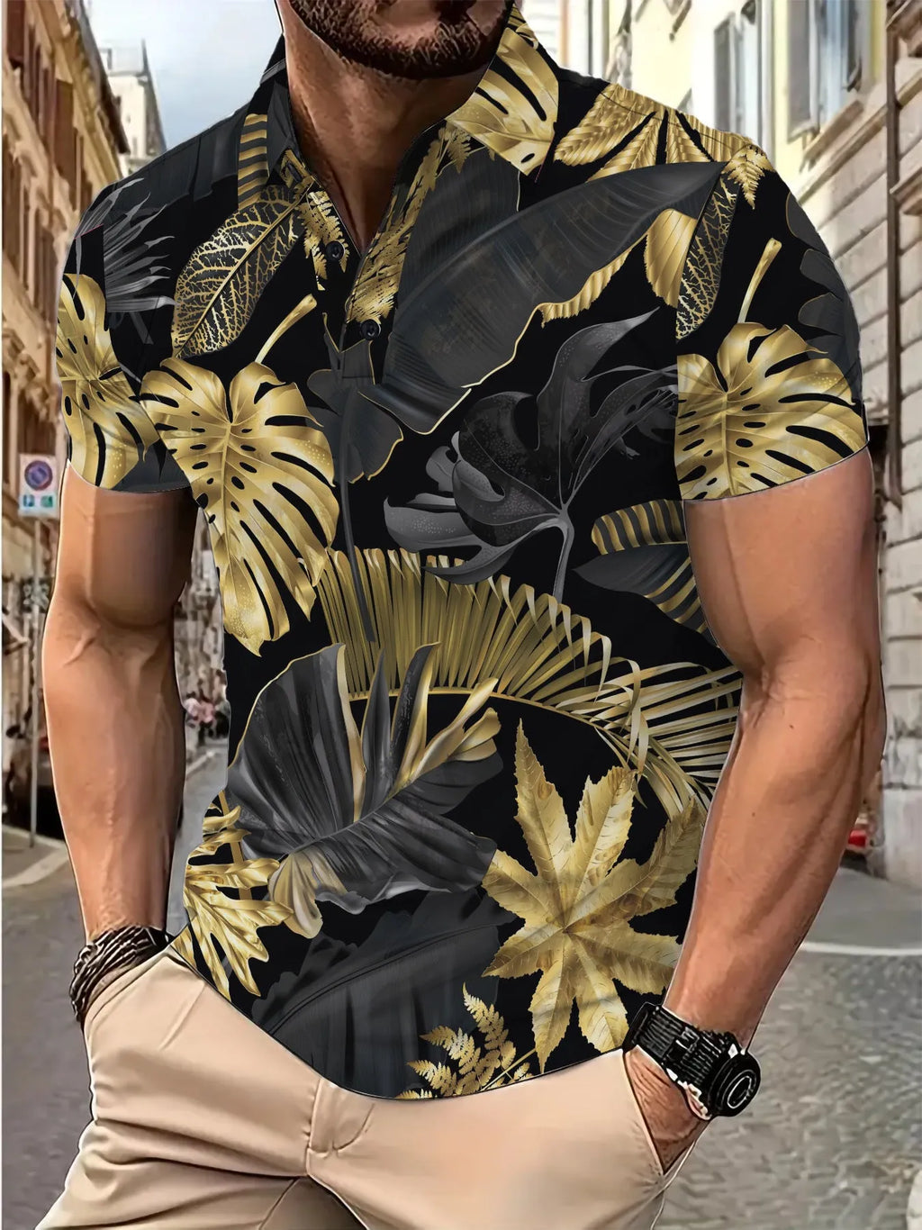 Men's gold tropical plant pattern short sleeve printed shirt on display