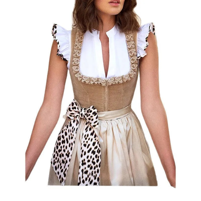 Khaki women's Oktoberfest beer dress in cotton polyester fabric shown on mannequin