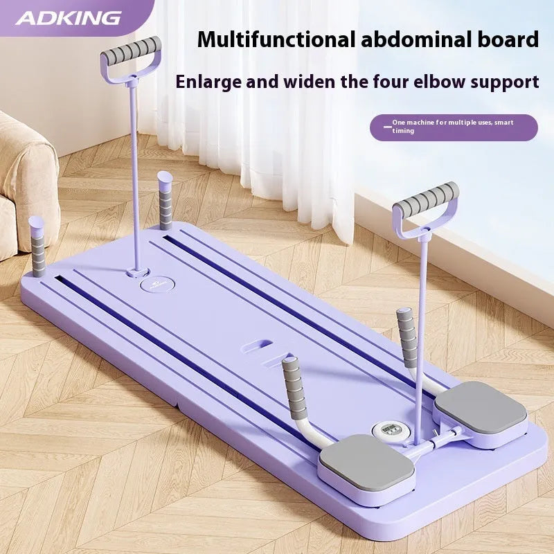 Purple fitness board with abdominal wheel and automatic rebound mechanism for home exercises