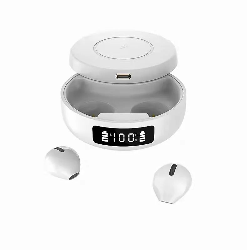 Mini wireless semi-in-ear headphones with wireless charging case in black, white or colour