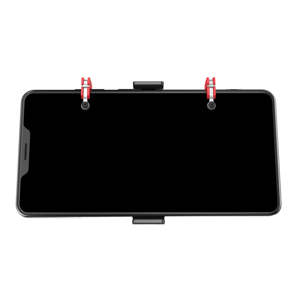 Black PUBG mobile gaming bracket with an extended trigger grip and telescopic phone fixing clip.