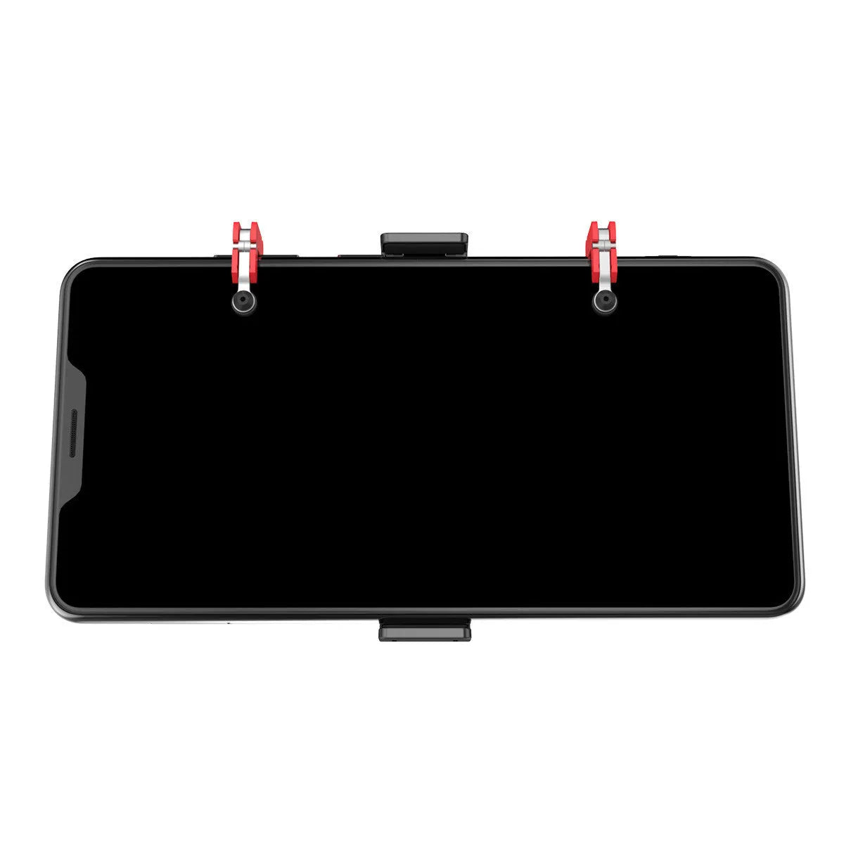 Black PUBG mobile gaming bracket with an extended trigger grip and telescopic phone fixing clip.