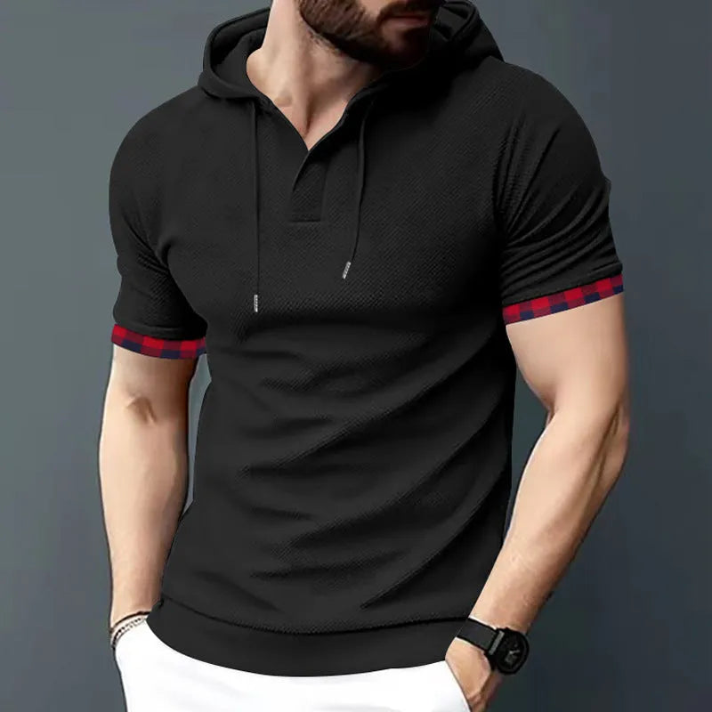 Men's short sleeve hooded top in solid colour, polyester blend, available in plus sizes