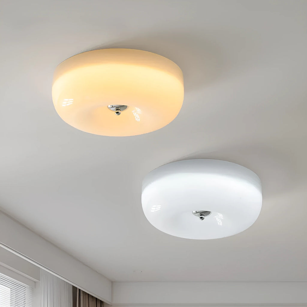 Cream coloured American style bedroom ceiling lamp with three-colour lighting, shown in 30cm and 40cm diameter options