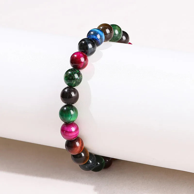 Natural colourful Tigereye round bead bracelet on lace cord, size 10mm beads, unisex style