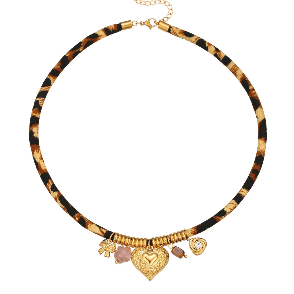 Women's stainless steel necklace with geometric leopard pendant on adjustable chain