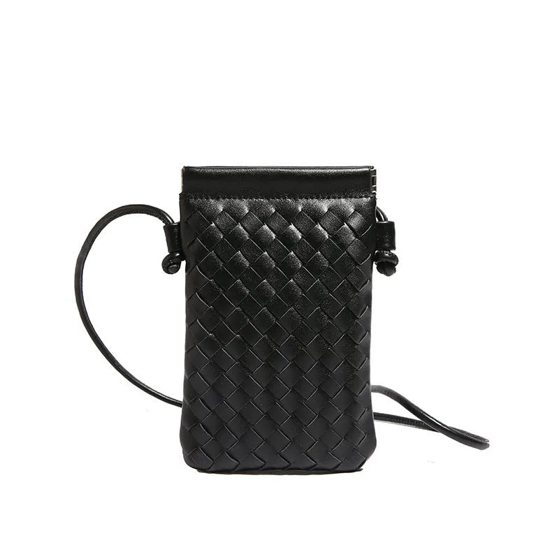 Vintage weave PU crossbody phone bag in black with silver webbing strap