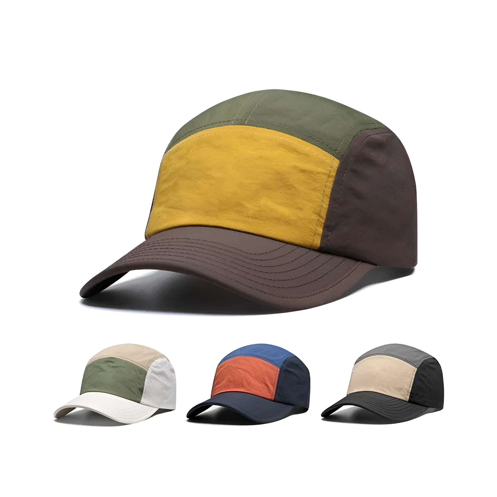 Men's quick-drying curved brim baseball cap in khaki, army green, orange, and yellow colours