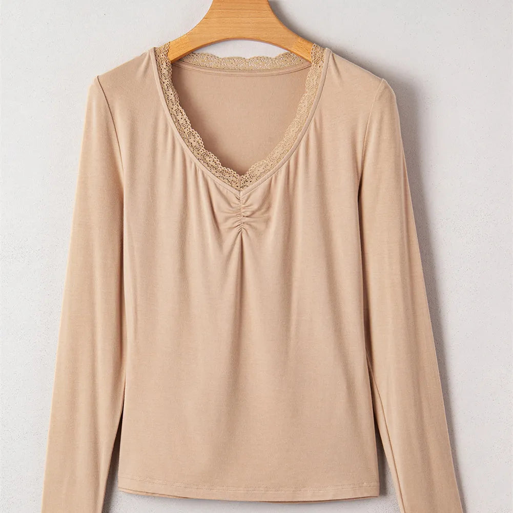 Women's solid colour long sleeve casual top with lace trim detailing in slim fit Japanese Korean style