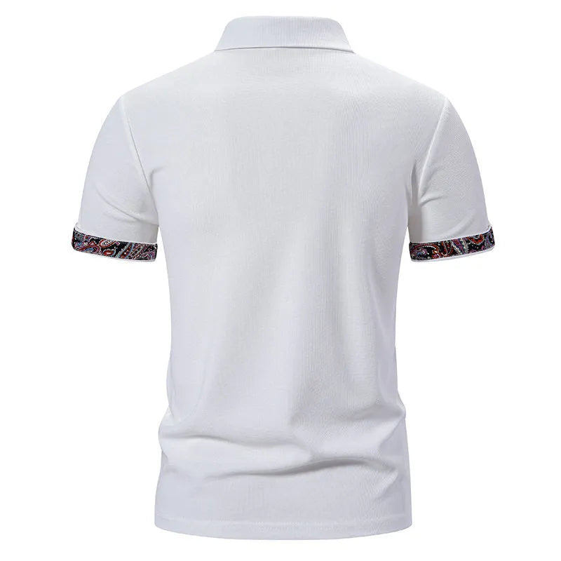 Men's navy blue polo shirt with white stitching on the turnover collar, short sleeves, and a regular fit.