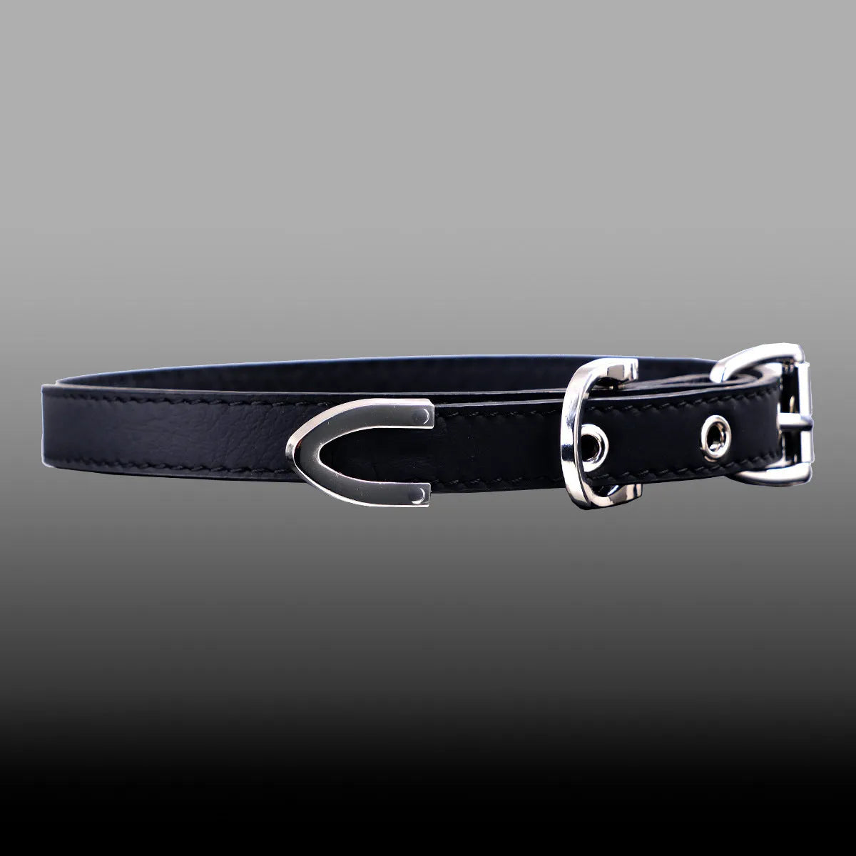 Black genuine leather subculture collar with alloy geometric pendant on dark background