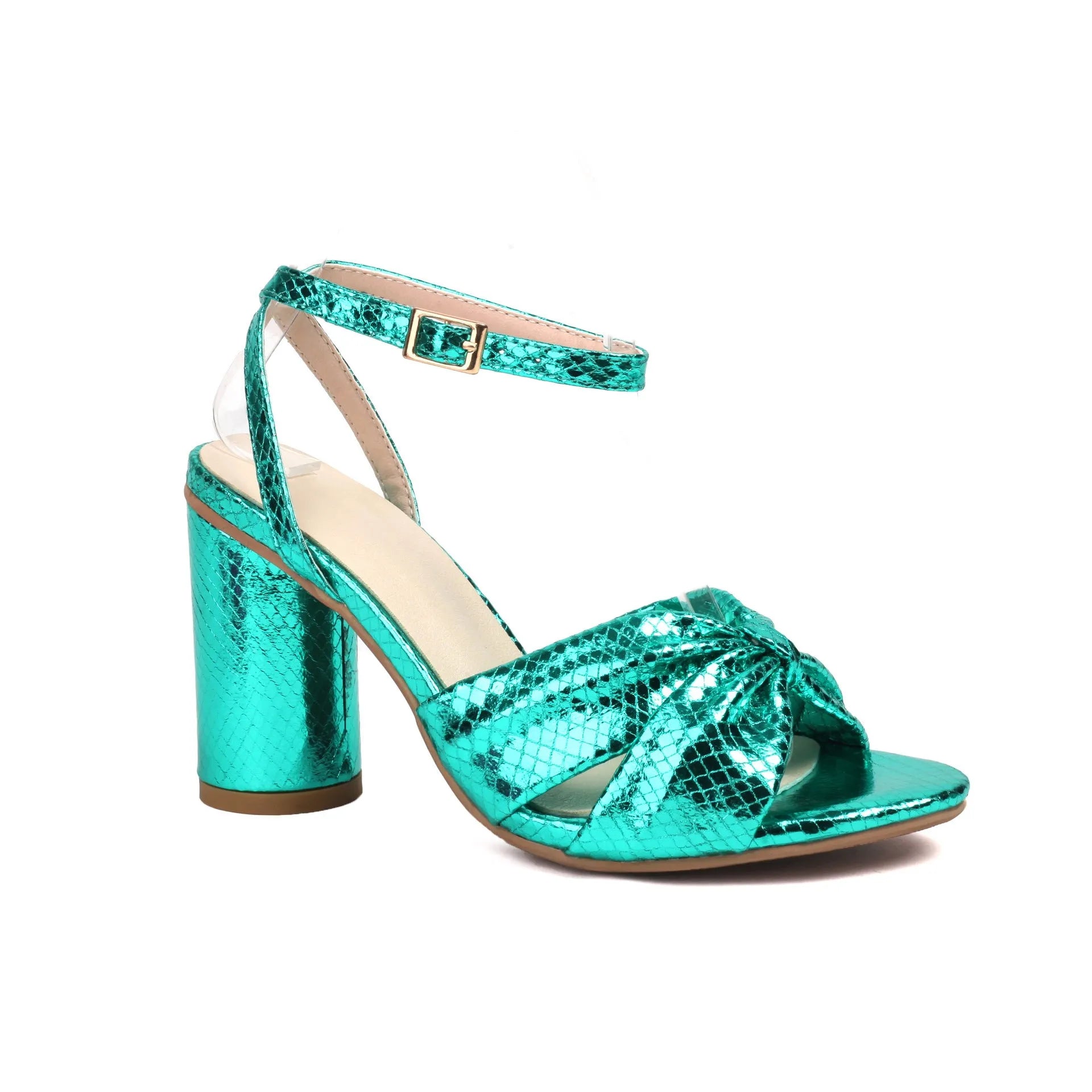 High heel plus size peep toe ankle buckle sandals in gold with PU upper and rubber sole