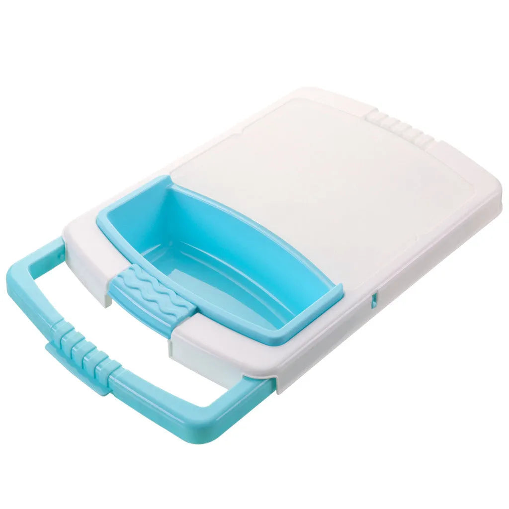 Green multi-function kitchen drain cutting board with storage trough and drainage holes on sink edge