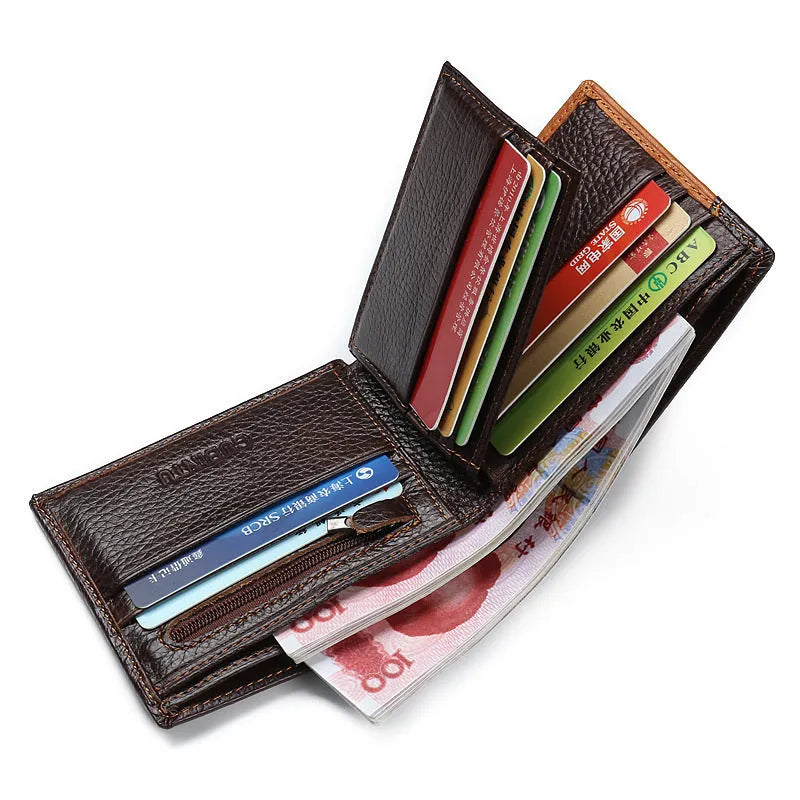 Cowhide leather wallet with personality stitching, horizontal square shape, and multiple internal compartments