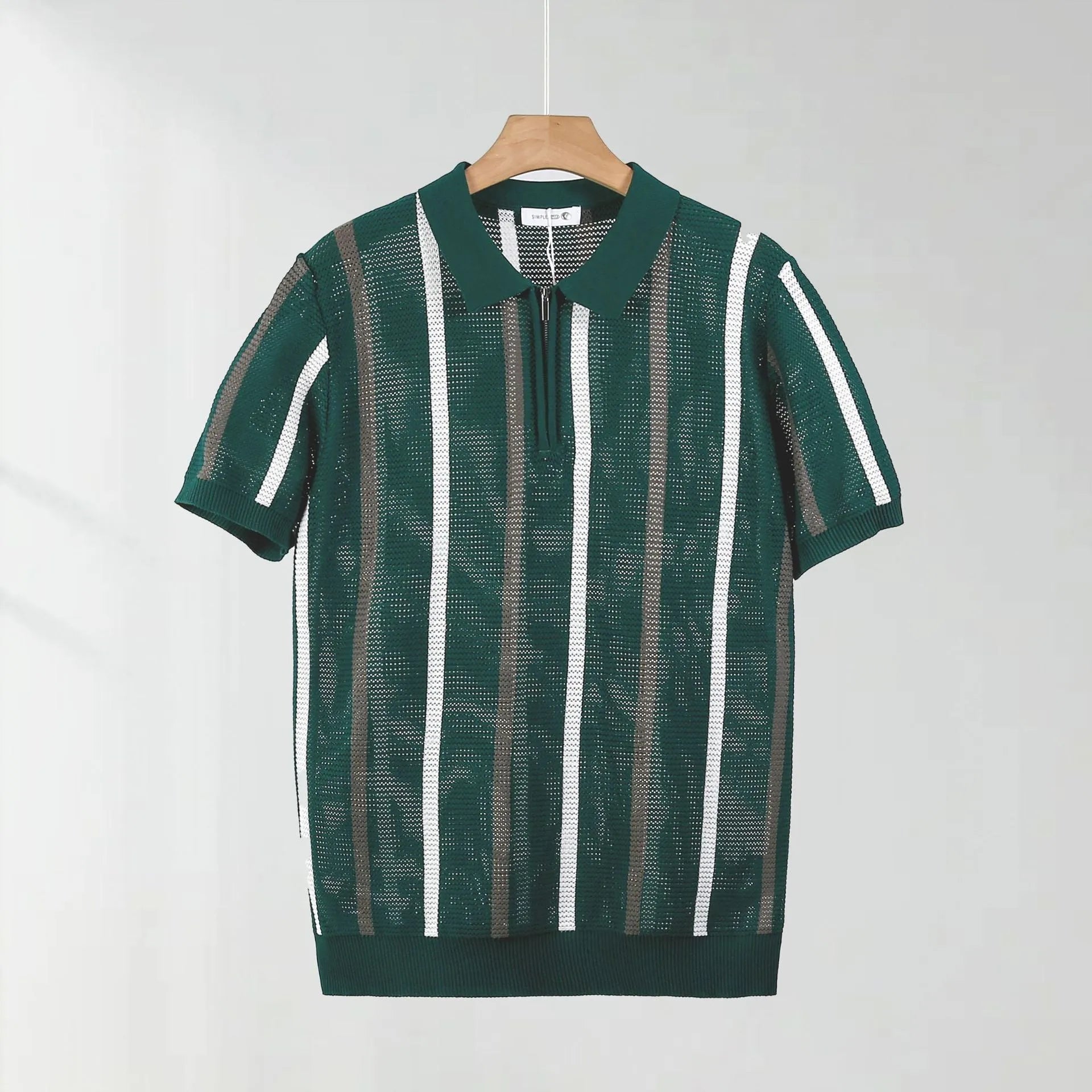Hollow mesh short-sleeved knitting polo shirt in Ice Silk fabric, loose fit, zipper decorations, summer casual
