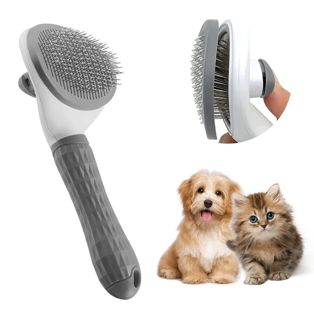 Cat grooming brush with a release button, shown in blue, grey, and pink colour options.