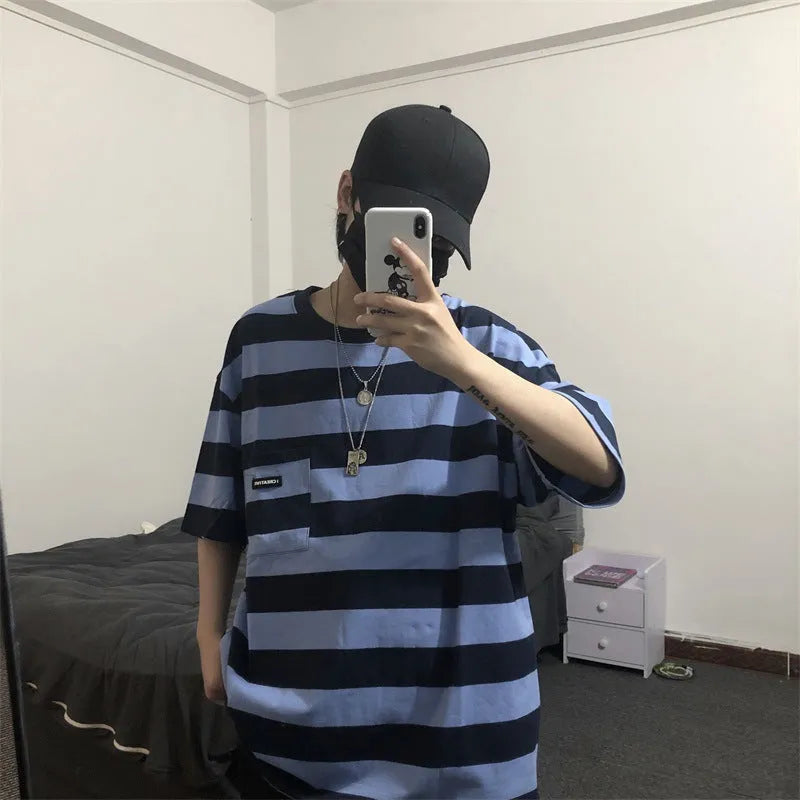 Striped short sleeve t-shirt in polyester fibre, available in blue and yellow, sizes L to XXL.