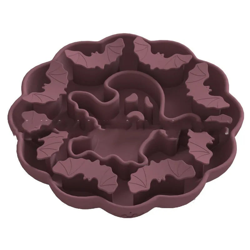Anti-choke slow feeding dog bowl in edible silicone, Halloween green colour, square shape with raised internal patterns