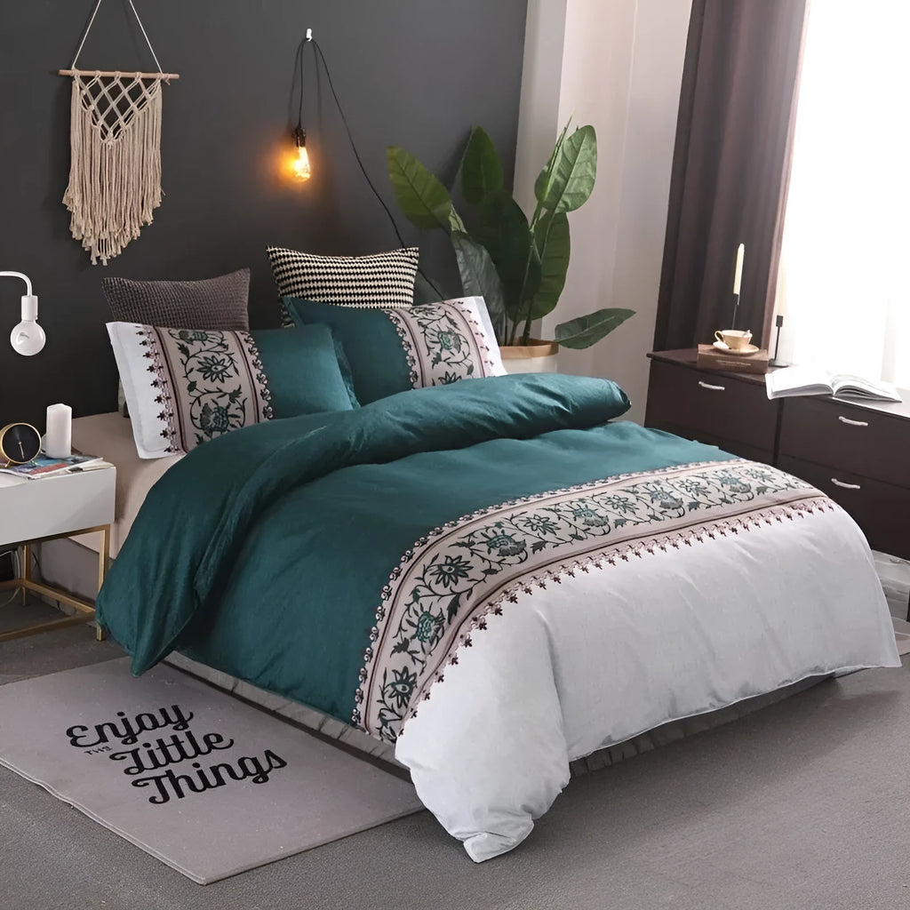 Polyester quilt cover set with edging craft, plain weave, in wine red colour on a bed