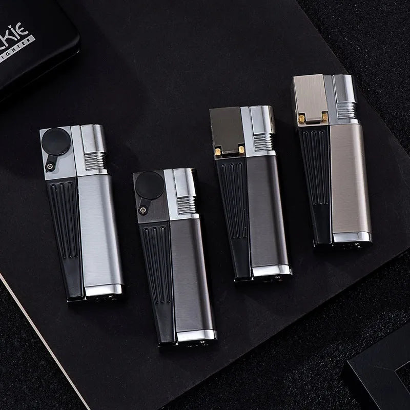 Foldable 2-in-1 metal pipe lighter and refillable butane smoking gadget with silver square cover on a dark background