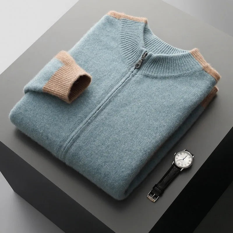 Men's half turtleneck zipper cardigan thickened wool blend loose fit sweater in dark blue