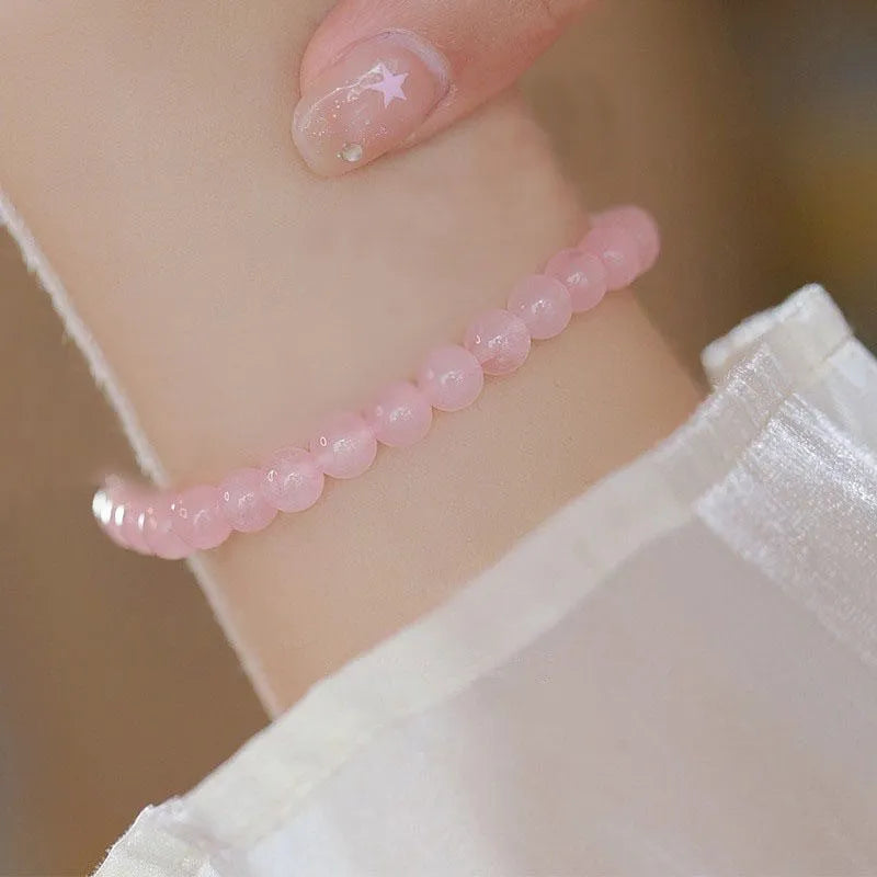 Women's light luxury handmade mixed material crystal bracelet with round beads in pink blue colour
