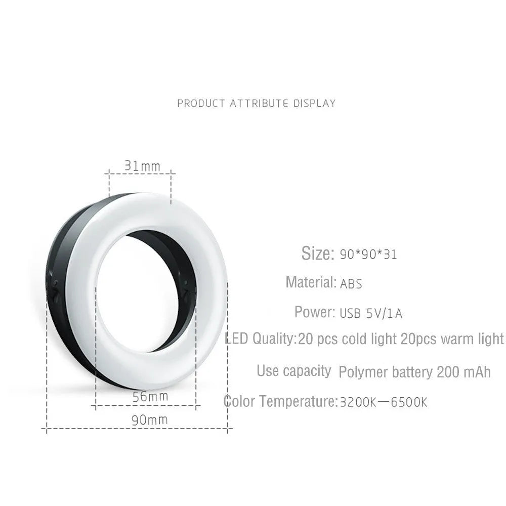 Compact black ring light for smartphones with USB charging port and adjustable settings.