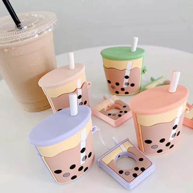 Milk tea silicone earphone cover for Apple AirPods 2nd generation in green, orange, pink, purple colours on white background