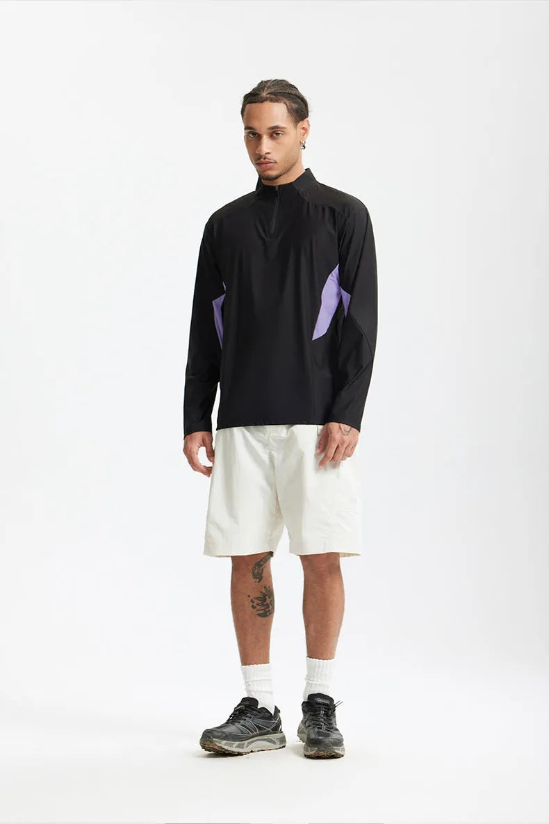 Men's lightweight polyester shirt with stitching detail in black or beige, available in long sleeve and short sleeve versions