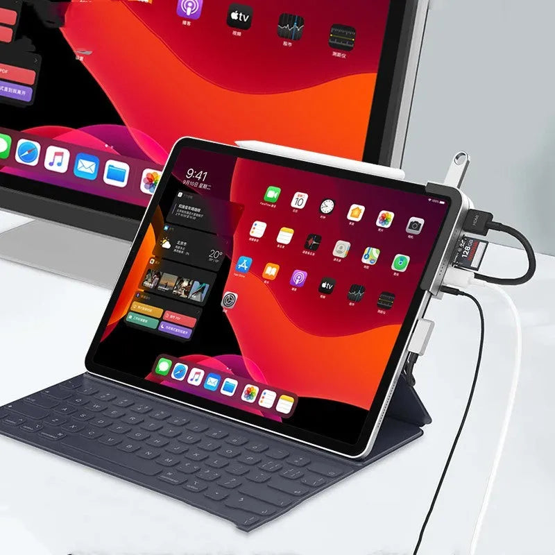 Silver aluminium grey USB-C 6-in-1 docking station for iPad Pro with HDMI and USB ports
