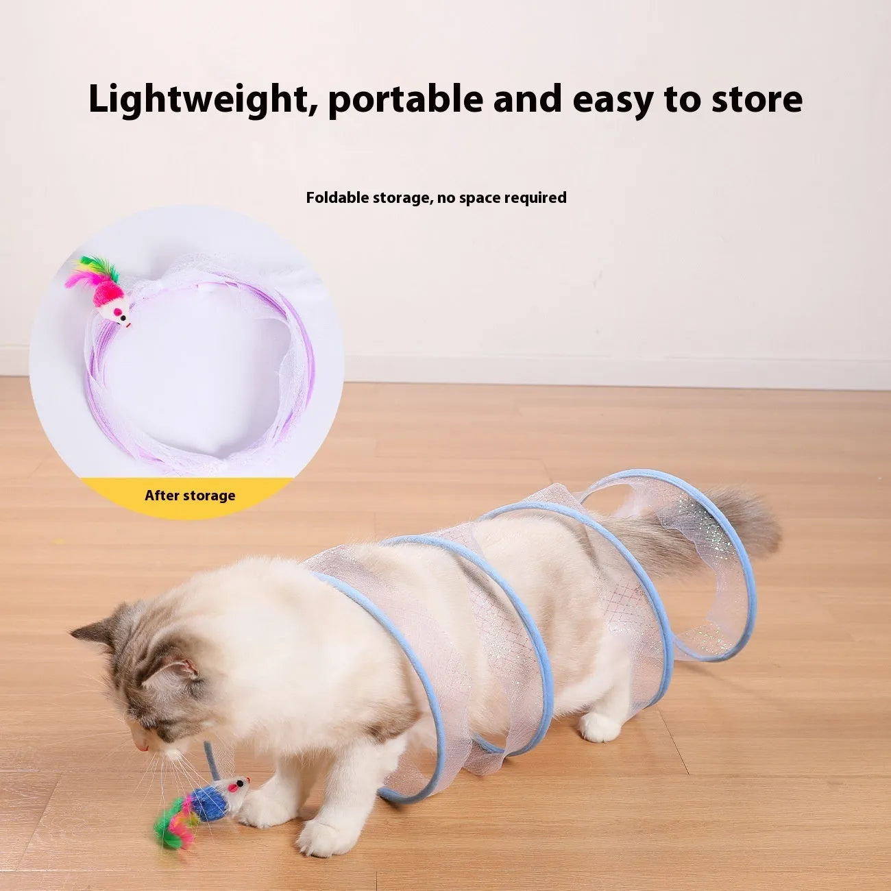 Steel frame cat tunnel toy with colourful feather attachments inside elastic net channel