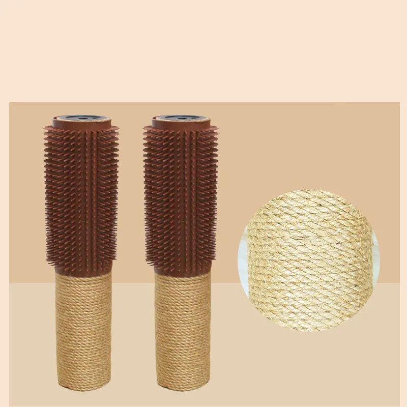 A brown sisal rope cat scratching post standing 30cm tall on a wooden base.