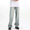 Blue retro-style loose casual trousers made from rabbit fur fabric on a mannequin.
