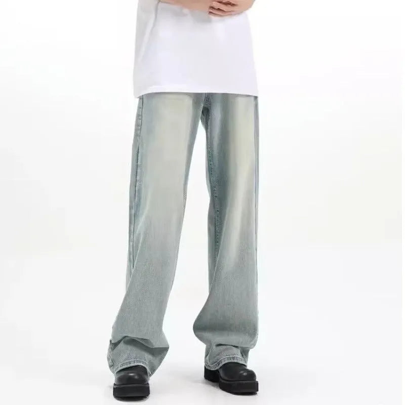 Blue retro-style loose casual trousers made from rabbit fur fabric on a mannequin.